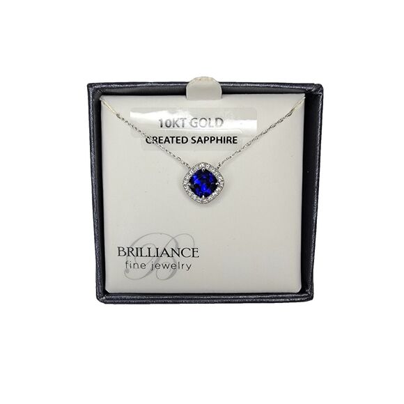 10K White Gold Lab-Created Blue Sapphire With Diamonds 18" Necklace - Picture 1 of 5